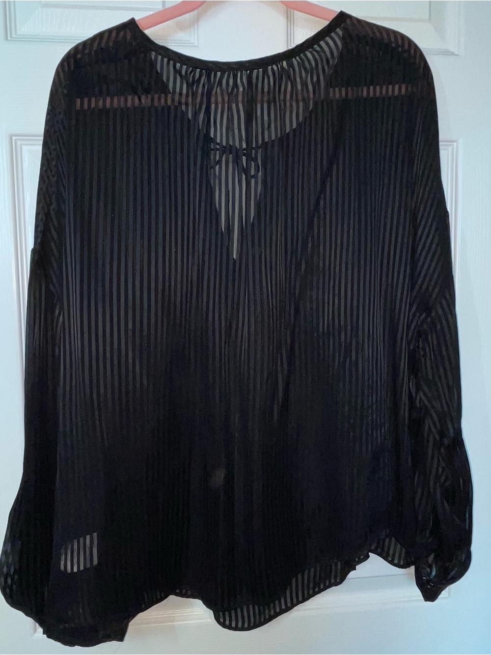 Addition Elle Black Sheer Striped Tie-Neck Blouse - Picture 5 of 15